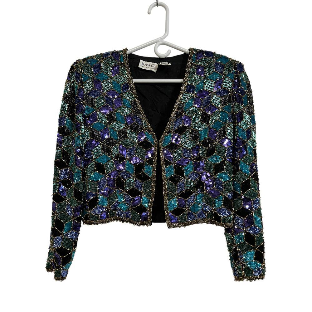 Vintage Sequin Silk Cropped Jacket Geometric Disco Party Top M Black Tie